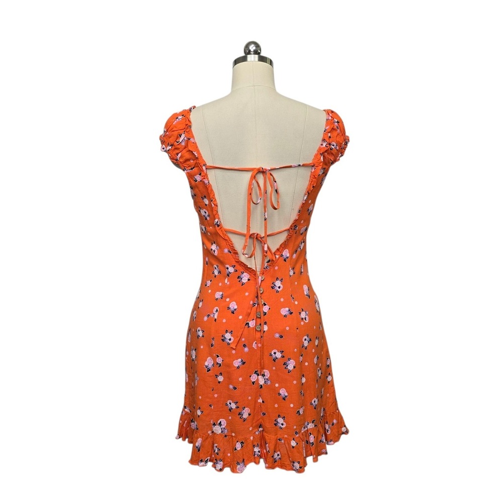 Free People Womens Orange Floral Polka Dot Ruffle Mini Dress Open Back Size XS - Picture 2 of 7